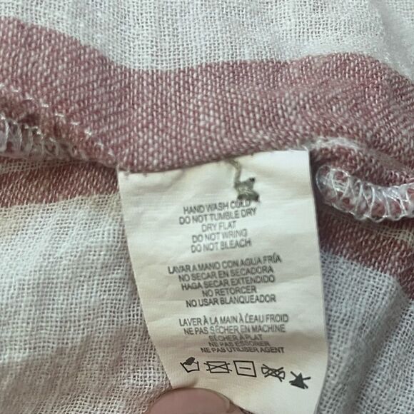 THREAD & SUPPLY DUSTY PINK STRIPED SHORT SLEEVE BUTTON DOWN LINEN SHIRT SMALL - Picture 3 of 8